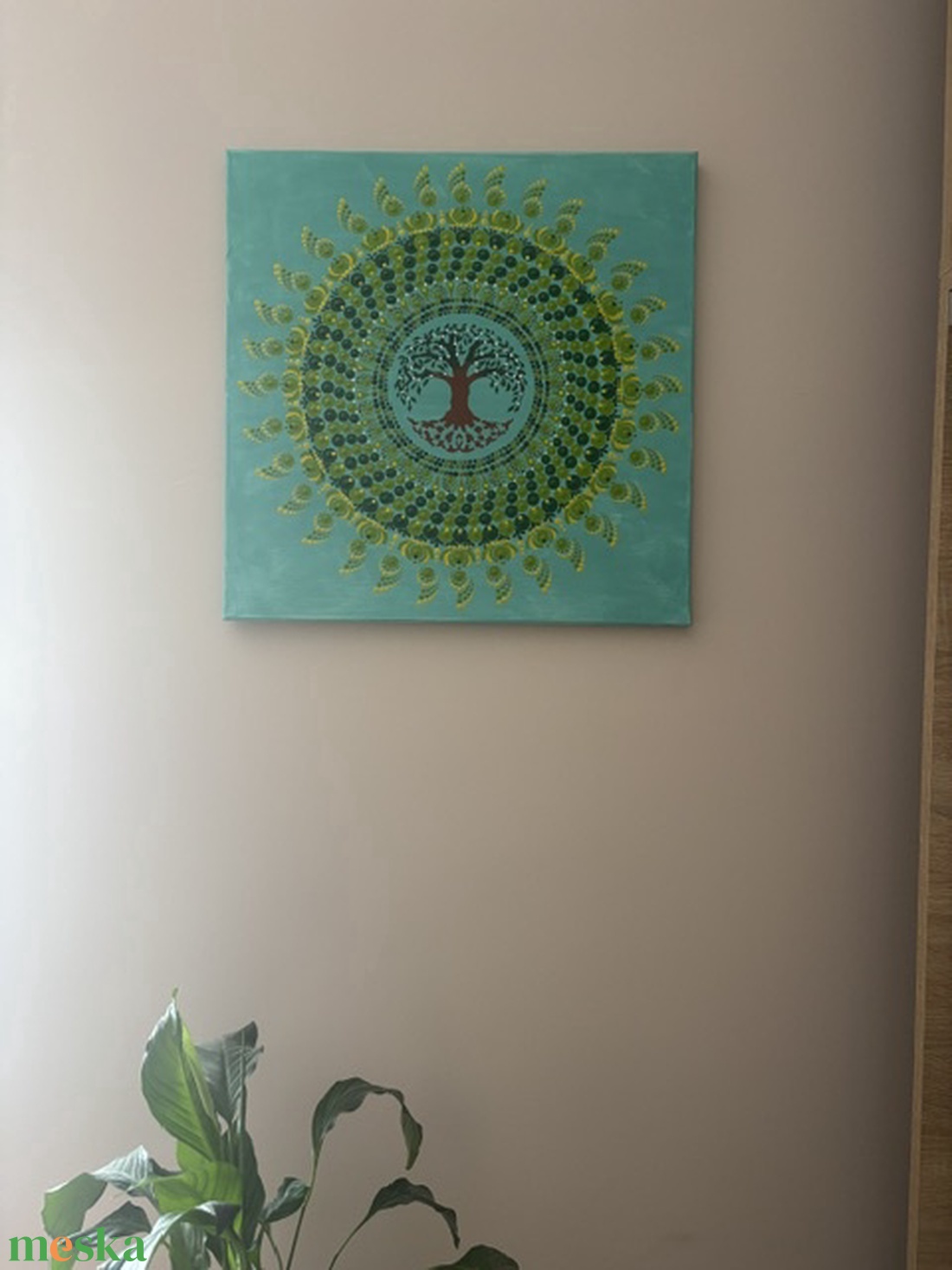 Türkiz Életfa energia-mandala pontfestéssel � Egyedi, kézzel festett akril falikép (50x50 cm) - otthon & életmód - dekoráció - spiritualitás - mandala - Meska.hu