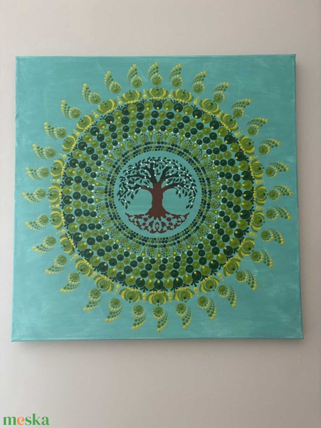 Türkiz Életfa energia-mandala pontfestéssel � Egyedi, kézzel festett akril falikép (50x50 cm) - otthon & életmód - dekoráció - spiritualitás - mandala - Meska.hu