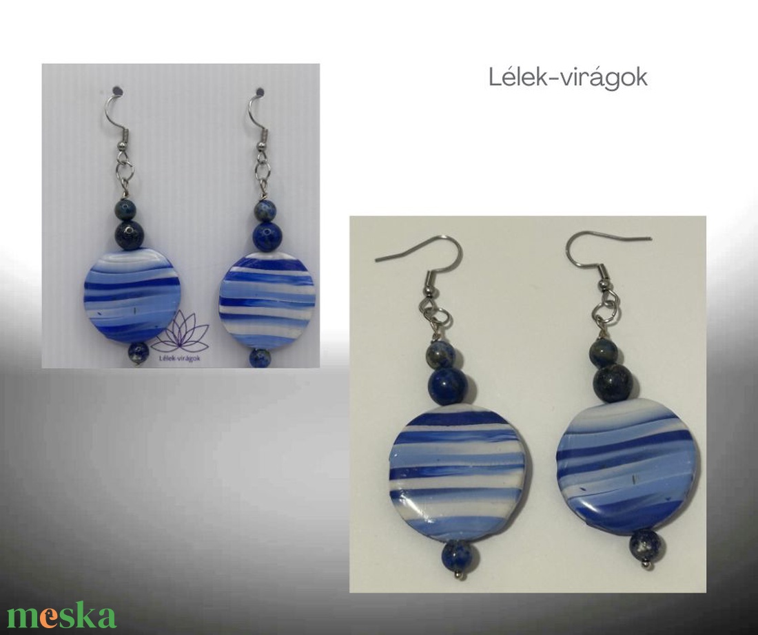 Kék csíkos polymer clay fülbevaló lapis lazulival - ékszer - fülbevaló - lógó fülbevaló - Meska.hu Kék csíkos polymer clay fülbevaló lapis lazulival - ékszer - fülbevaló - lógó fülbevaló - Meska.hu
