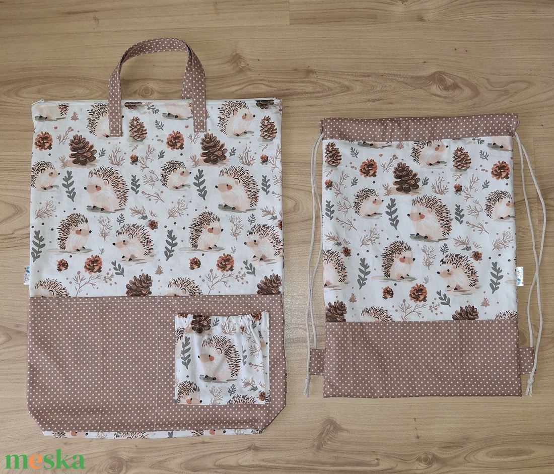 Ovis zsák szett, süni- barna pöttyös  - játék & sport - ovis felszerelés - ovis szett - Meska.hu