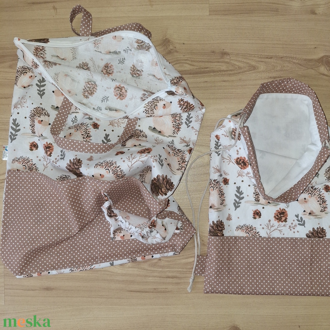 Ovis zsák szett, süni- barna pöttyös  - játék & sport - ovis felszerelés - ovis szett - Meska.hu