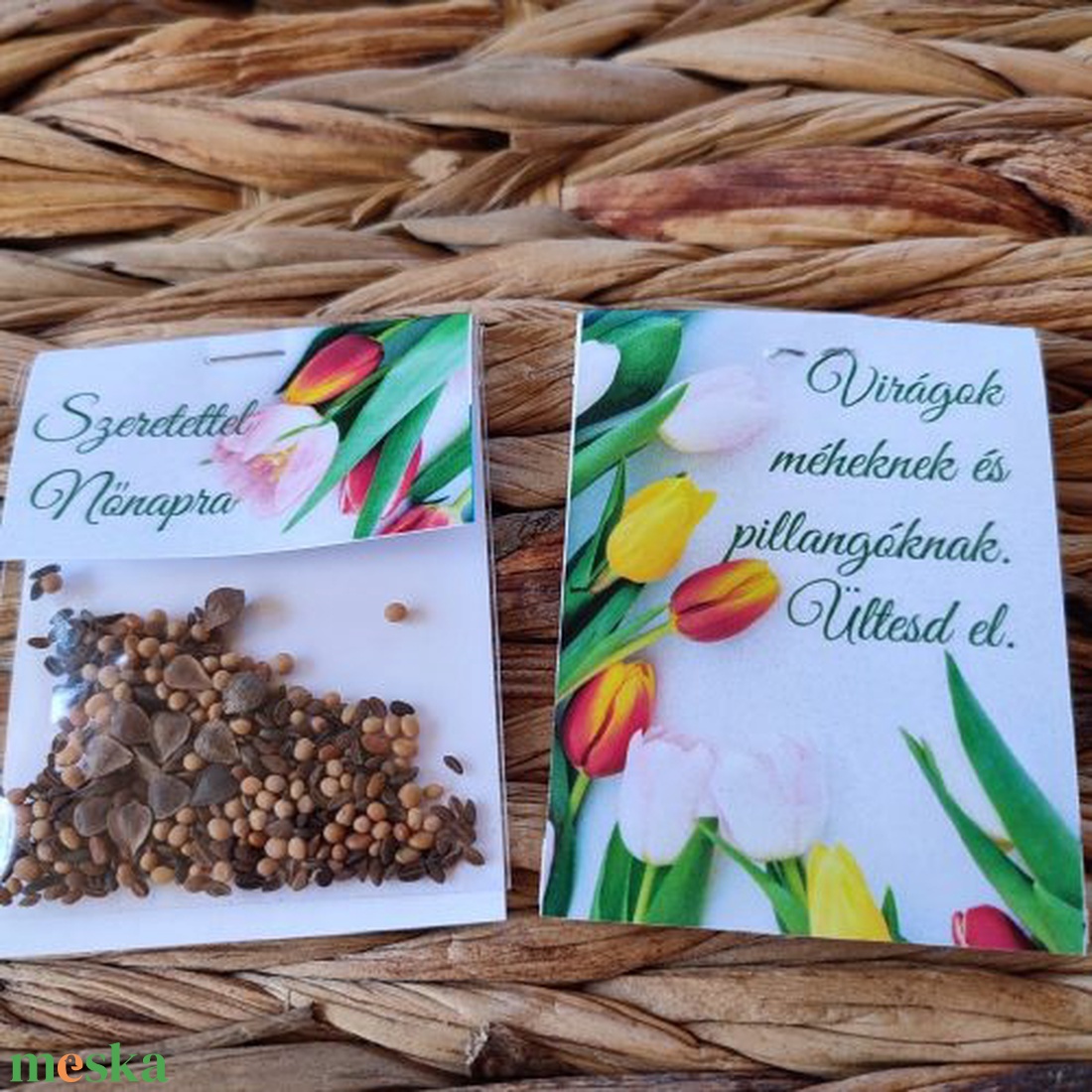 Virágmagos csomagocska NŐNAPRA, piros-sárga tulipános mintával - otthon & életmód - ház & kert - növény & veteményes - Meska.hu