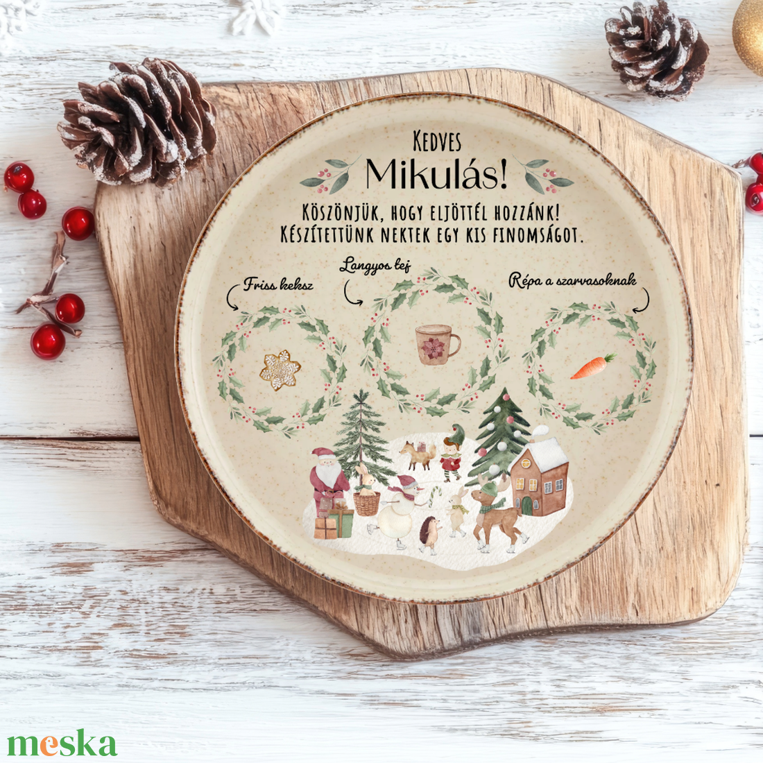 MIKULÁSVÁRÓ PORCELÁN TÁNYÉR / Télapó, szarvasok, süti és tej kínáló tálca - karácsony - mikulás - mikulás zsák, zokni, csizma - Meska.hu