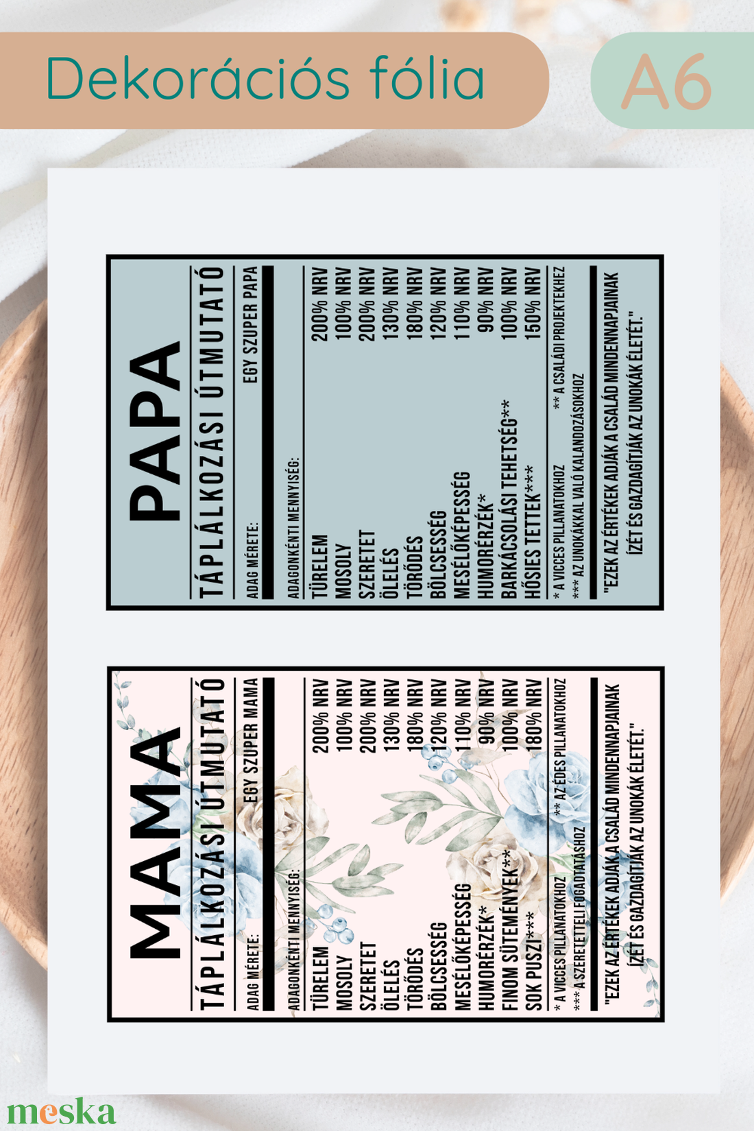 DEKORÁCIÓS-, ÉS POHÁRFÓLIA - ANYA APA MAMA PAPA - A6 MÉRET - kellékek & szerszámok - dekorációs kellékek - matricaív - Meska.hu