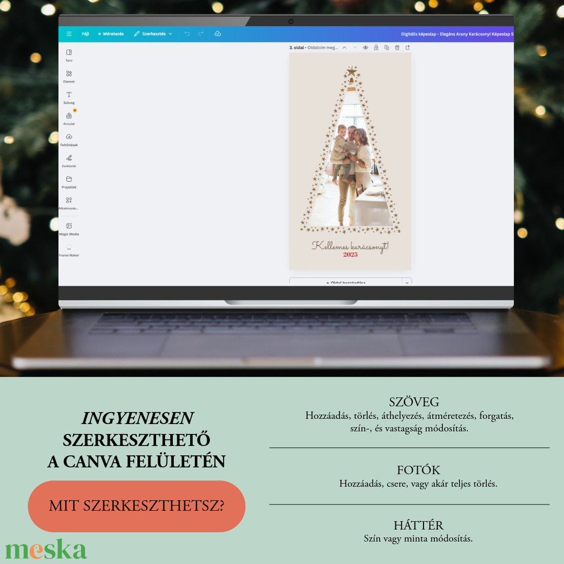 Digitális fényképes képeslap - Elegáns karácsonyi Canva sablon - egyedi és szerkeszthető üdvözlőlap mobiltelefonra - művészet - grafika & illusztráció - digitális - Meska.hu