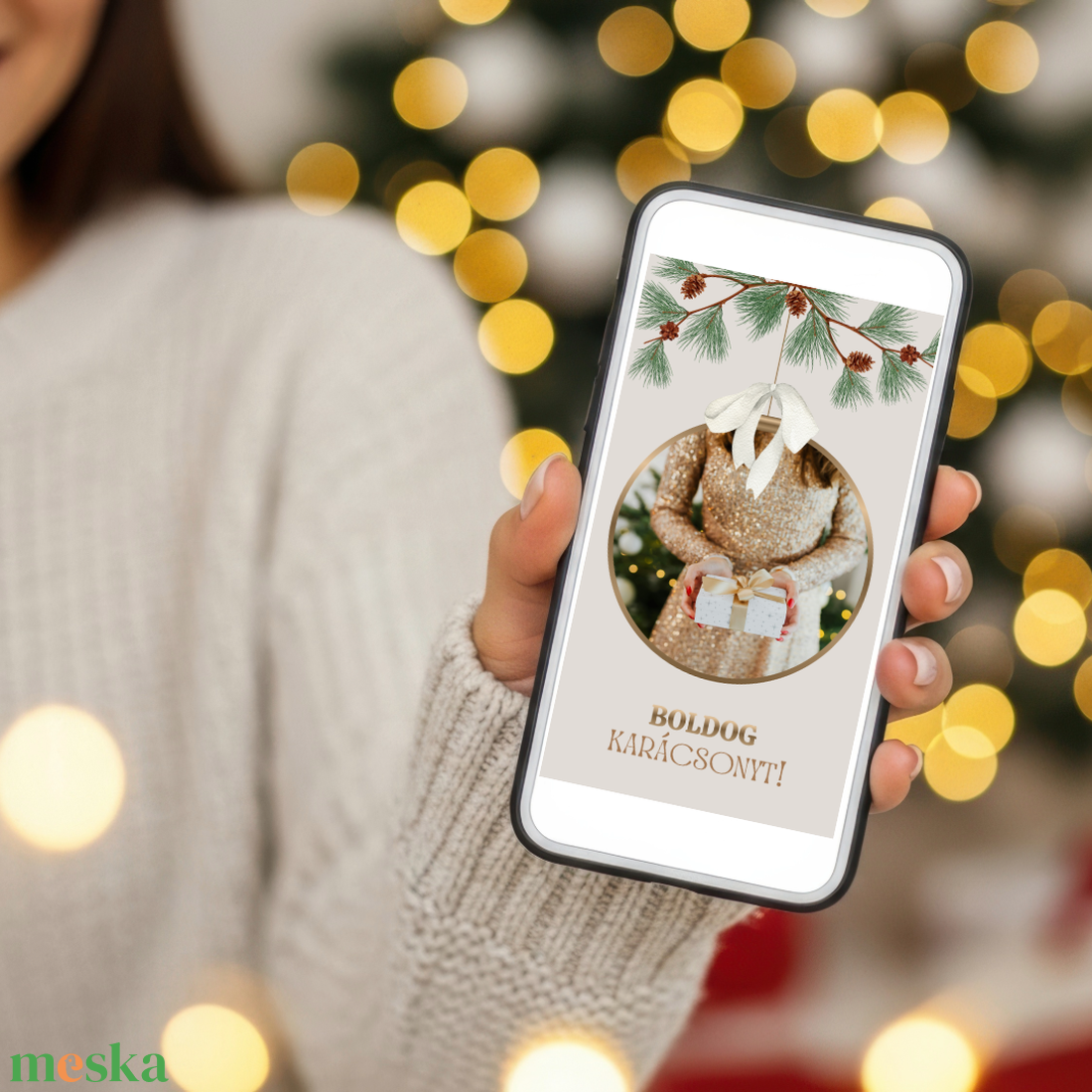 Digitális fényképes képeslap - Karácsonyi gömbös Canva sablon - egyedi és szerkeszthető üdvözlőlap mobiltelefonra - művészet - grafika & illusztráció - digitális - Meska.hu