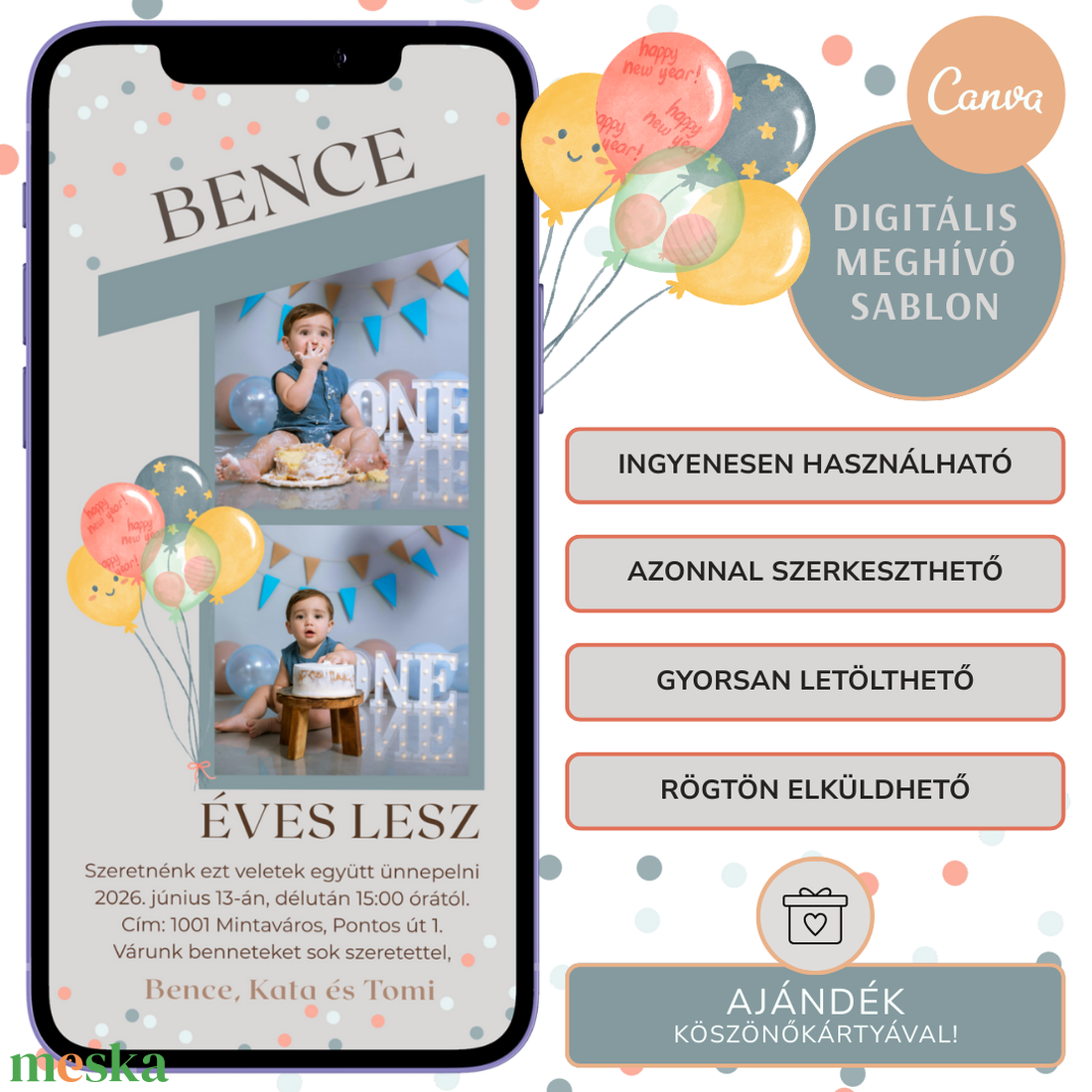 Digitális születésnapi meghívó Canva sablon - 1 éves kisfiú - Szerkeszthető - Online küldhető - Nyomtatható - művészet - grafika & illusztráció - digitális - Meska.hu