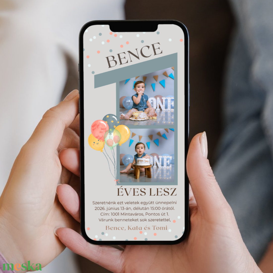 Digitális születésnapi meghívó Canva sablon - 1 éves kisfiú - Szerkeszthető - Online küldhető - Nyomtatható - művészet - grafika & illusztráció - digitális - Meska.hu