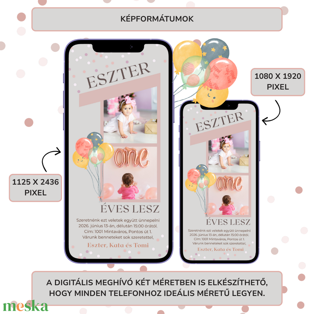 Digitális születésnapi meghívó Canva sablon - 1 éves kislány - Szerkeszthető - Online küldhető - Nyomtatható - művészet - grafika & illusztráció - digitális - Meska.hu