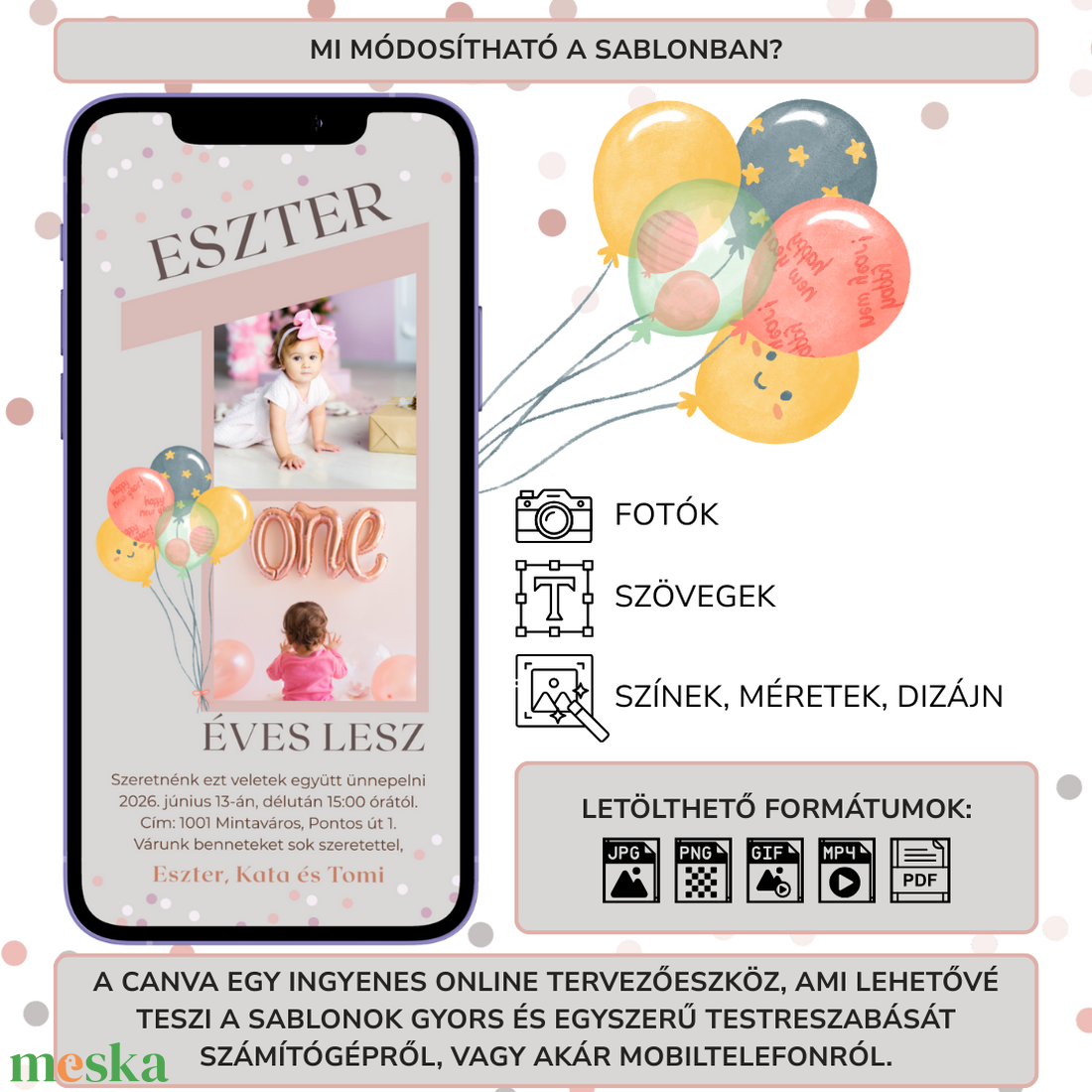 Digitális születésnapi meghívó Canva sablon - 1 éves kislány - Szerkeszthető - Online küldhető - Nyomtatható - művészet - grafika & illusztráció - digitális - Meska.hu