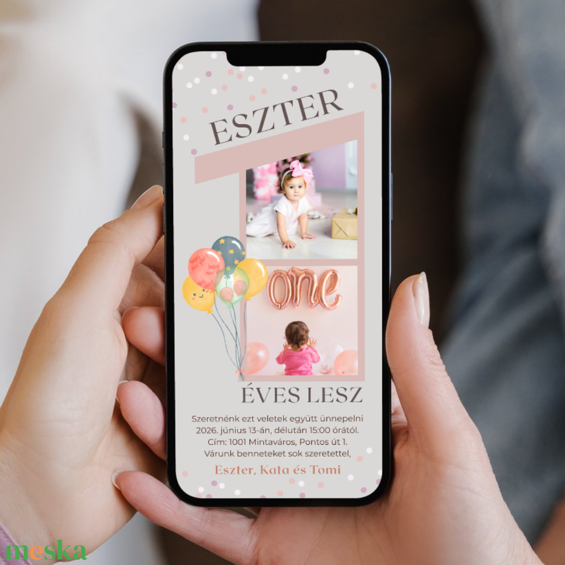 Digitális születésnapi meghívó Canva sablon - 1 éves kislány - Szerkeszthető - Online küldhető - Nyomtatható - művészet - grafika & illusztráció - digitális - Meska.hu