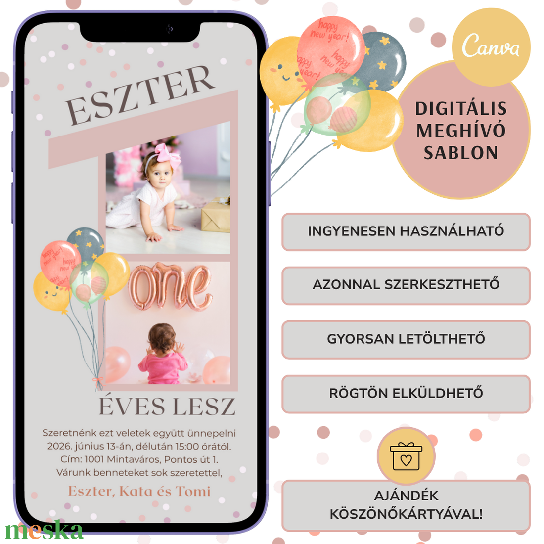 Digitális születésnapi meghívó Canva sablon - 1 éves kislány - Szerkeszthető - Online küldhető - Nyomtatható - művészet - grafika & illusztráció - digitális - Meska.hu