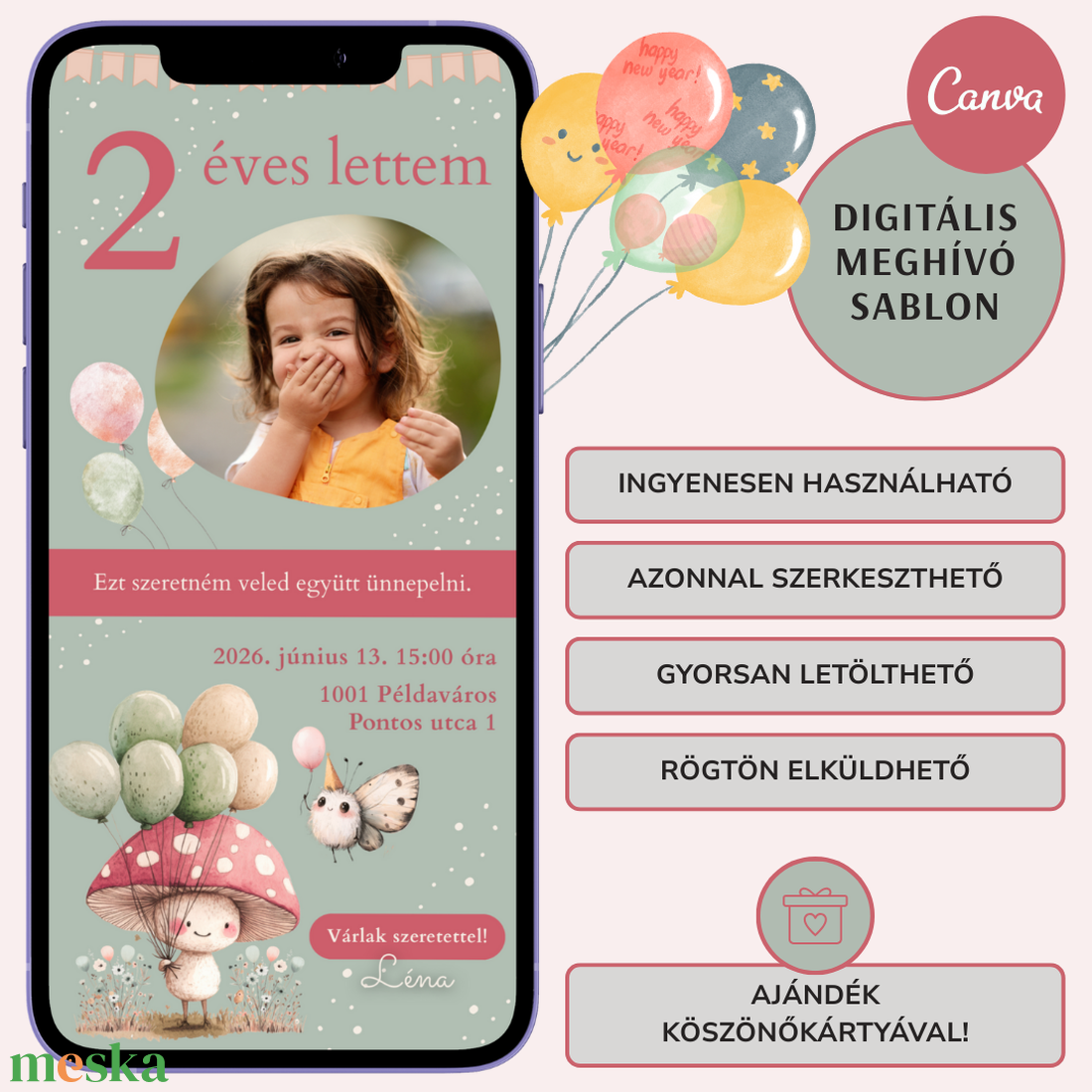 Digitális születésnapi meghívó Canva sablon - Gomba móka - Szerkeszthető - Online küldhető - Nyomtatható - művészet - grafika & illusztráció - digitális - Meska.hu