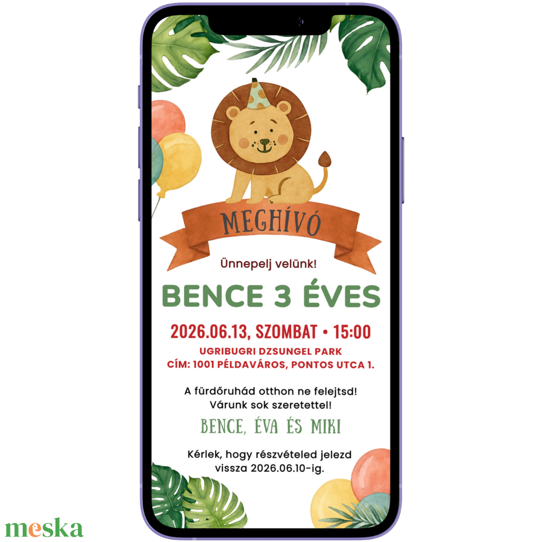 Digitális születésnapi meghívó Canva sablon - Kedves oroszlán - Szerkeszthető - Online küldhető - Nyomtatható - művészet - grafika & illusztráció - digitális - Meska.hu