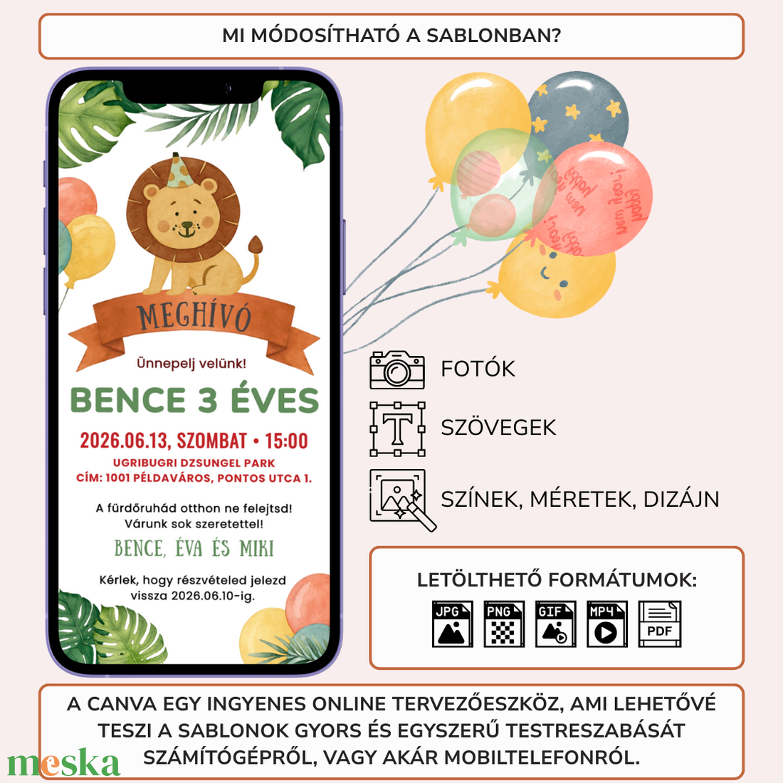 Digitális születésnapi meghívó Canva sablon - Kedves oroszlán - Szerkeszthető - Online küldhető - Nyomtatható - művészet - grafika & illusztráció - digitális - Meska.hu
