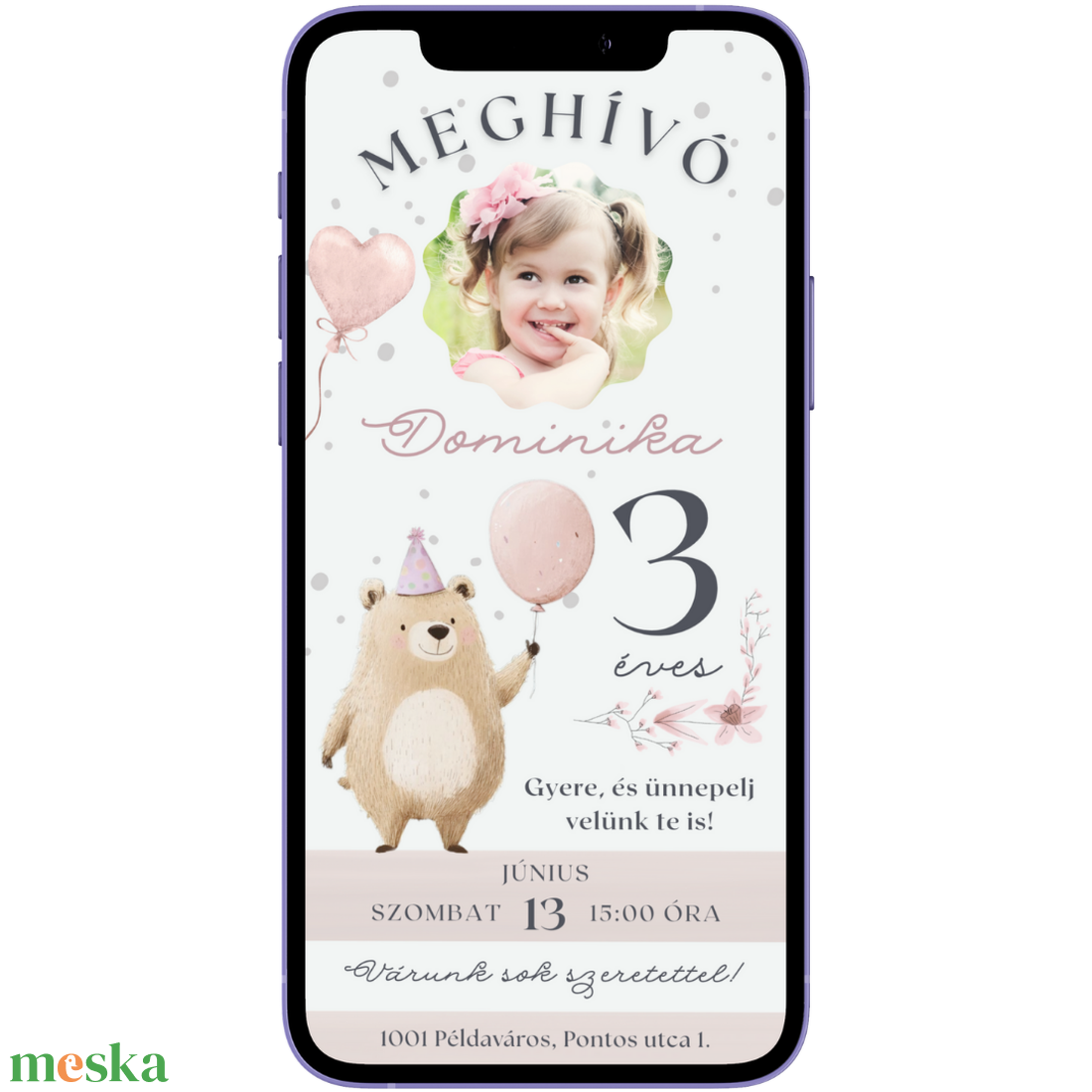 Digitális születésnapi meghívó Canva sablon - Manci maci - Szerkeszthető - Online küldhető - Nyomtatható - Mackós, macis - művészet - grafika & illusztráció - digitális - Meska.hu