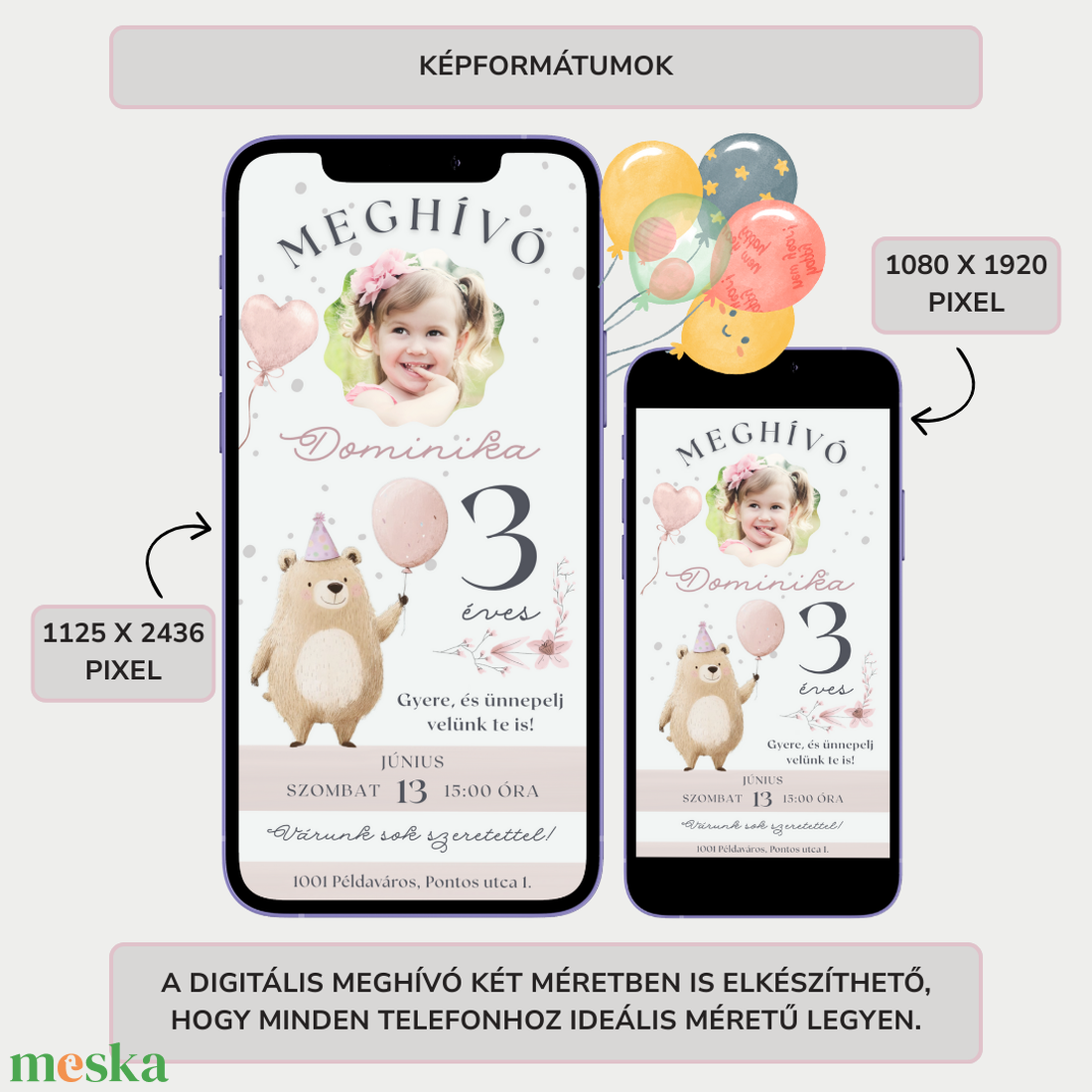 Digitális születésnapi meghívó Canva sablon - Manci maci - Szerkeszthető - Online küldhető - Nyomtatható - Mackós, macis - művészet - grafika & illusztráció - digitális - Meska.hu