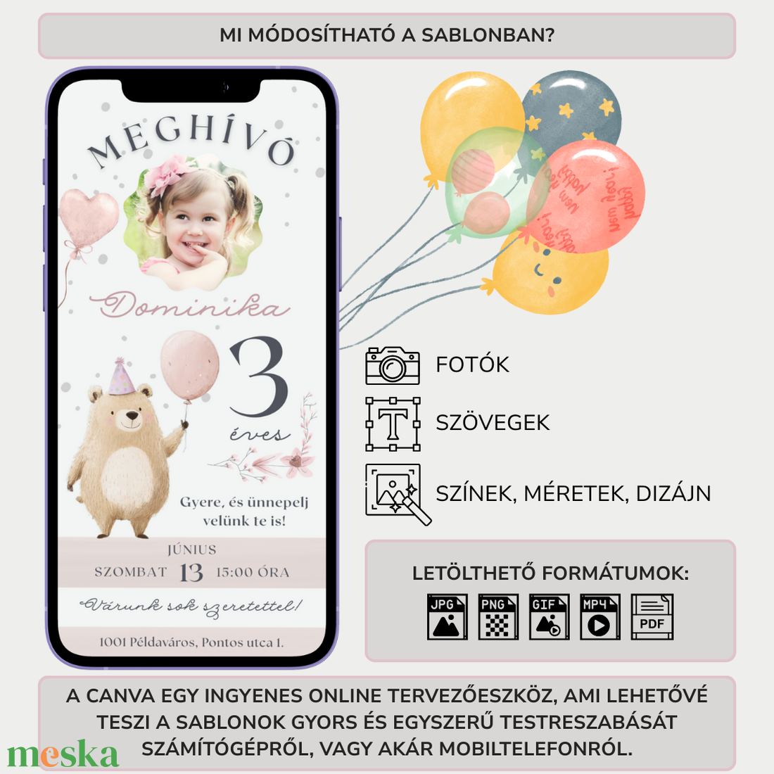 Digitális születésnapi meghívó Canva sablon - Manci maci - Szerkeszthető - Online küldhető - Nyomtatható - Mackós, macis - művészet - grafika & illusztráció - digitális - Meska.hu