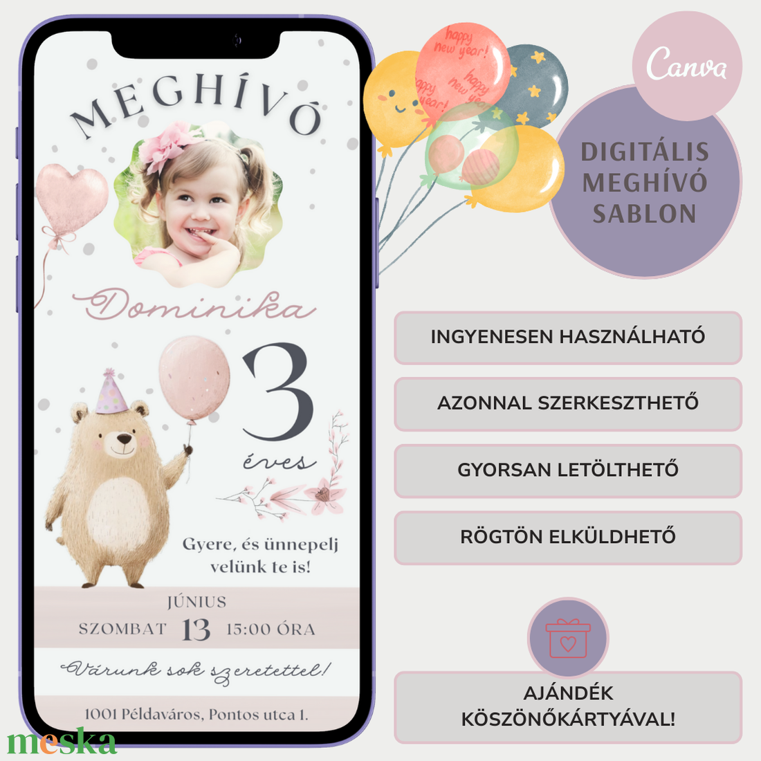 Digitális születésnapi meghívó Canva sablon - Manci maci - Szerkeszthető - Online küldhető - Nyomtatható - Mackós, macis - művészet - grafika & illusztráció - digitális - Meska.hu