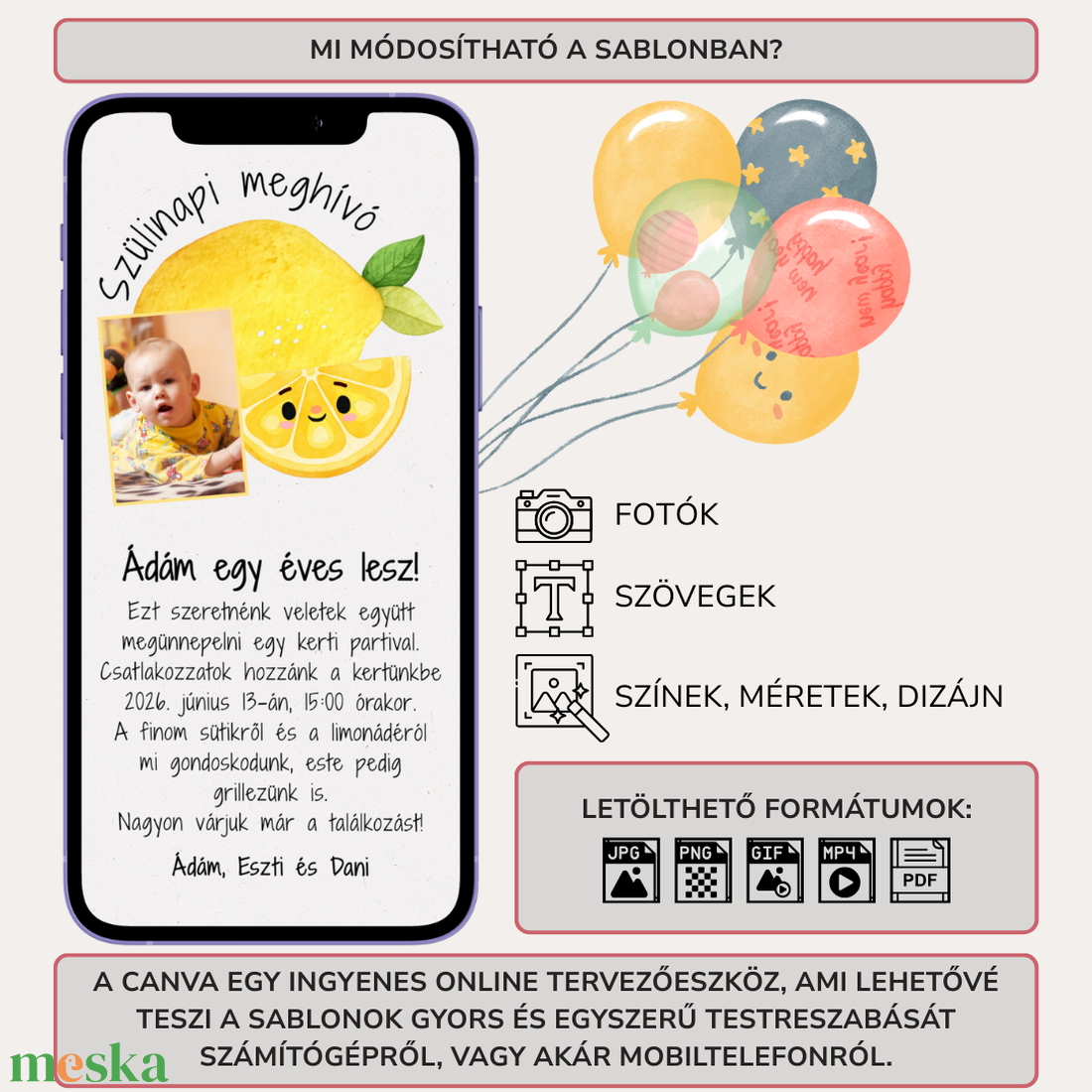 Digitális születésnapi meghívó Canva sablon - Mosolygós citrom - Szerkeszthető - Online küldhető - Nyomtatható, Citromos - művészet - grafika & illusztráció - digitális - Meska.hu