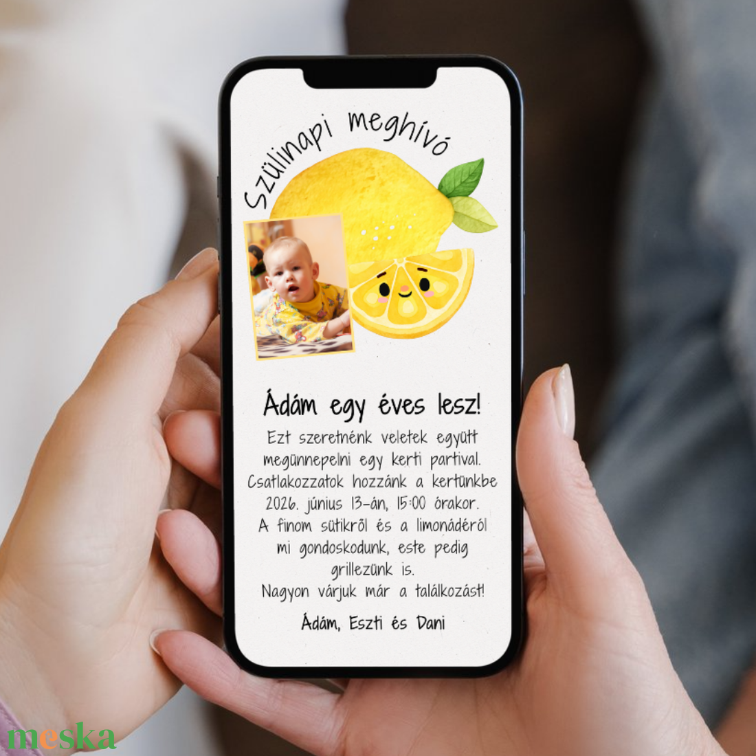 Digitális születésnapi meghívó Canva sablon - Mosolygós citrom - Szerkeszthető - Online küldhető - Nyomtatható, Citromos - művészet - grafika & illusztráció - digitális - Meska.hu