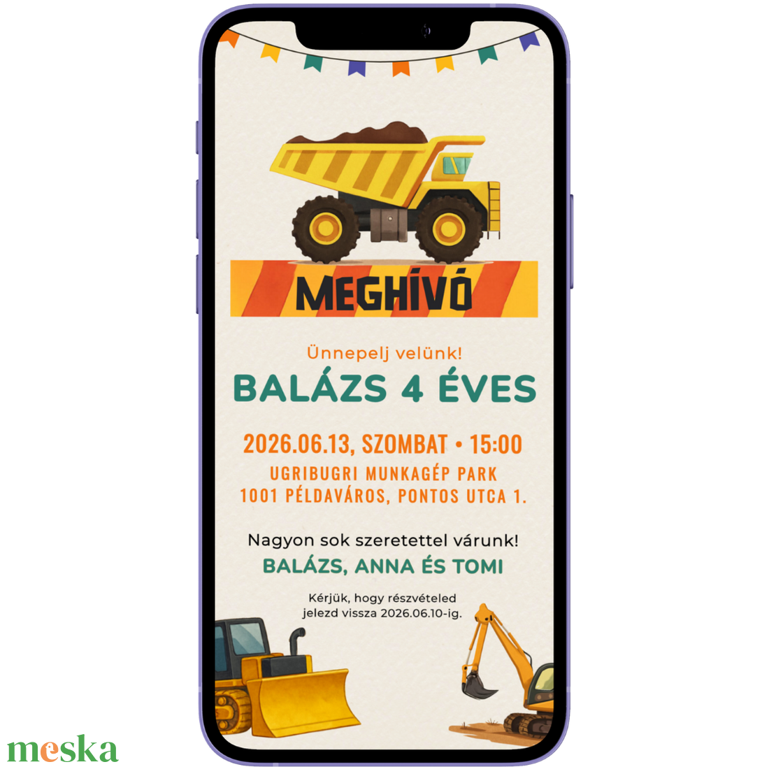 Digitális születésnapi meghívó Canva sablon - Munkagépek - Szerkeszthető - Online küldhető - Nyomtatható Markoló, dömper - művészet - grafika & illusztráció - digitális - Meska.hu