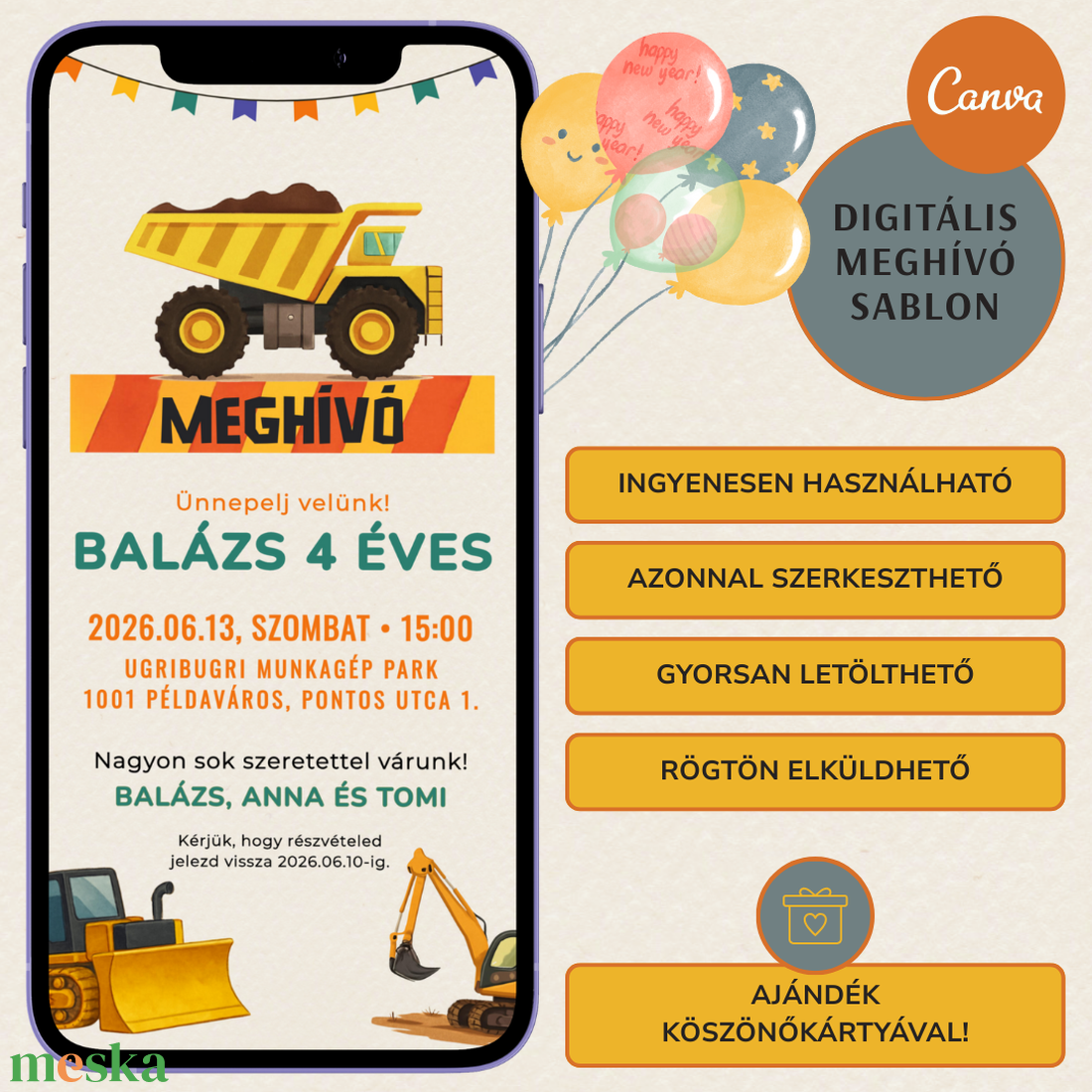 Digitális születésnapi meghívó Canva sablon - Munkagépek - Szerkeszthető - Online küldhető - Nyomtatható Markoló, dömper - művészet - grafika & illusztráció - digitális - Meska.hu