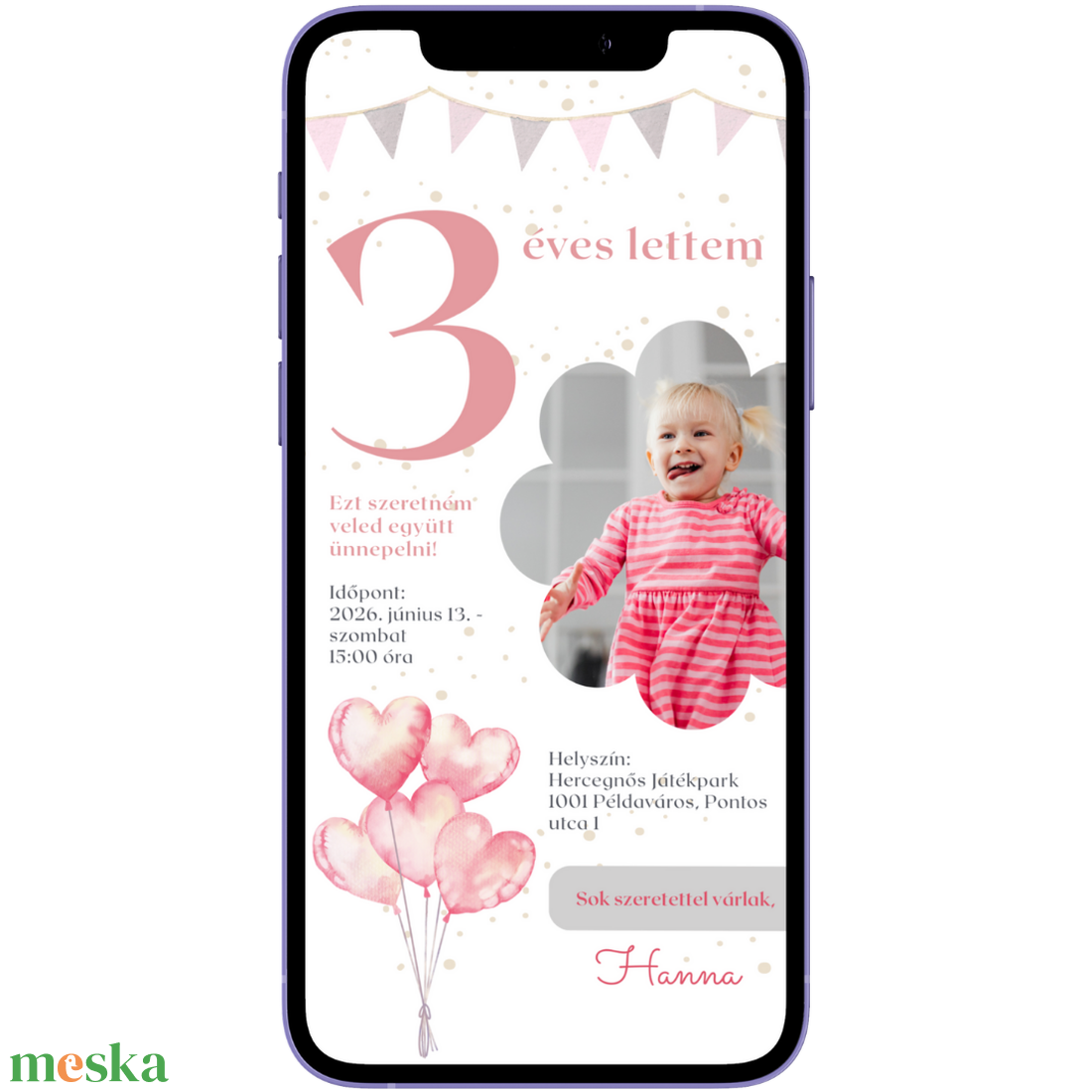 Digitális születésnapi meghívó Canva sablon - Pink hercegnő - Szerkeszthető - Online küldhető - Nyomtatható - művészet - grafika & illusztráció - digitális - Meska.hu