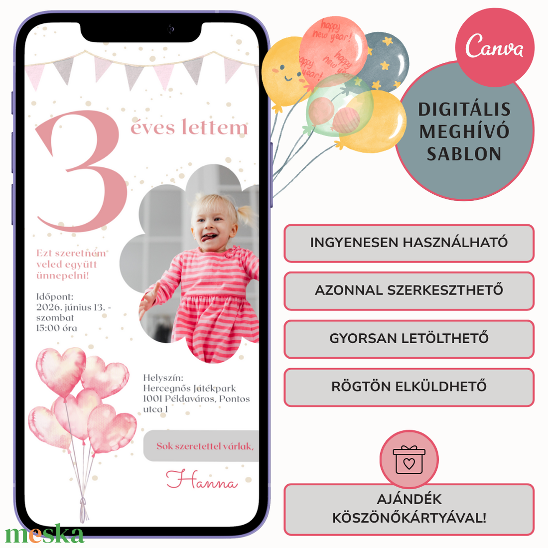 Digitális születésnapi meghívó Canva sablon - Pink hercegnő - Szerkeszthető - Online küldhető - Nyomtatható - művészet - grafika & illusztráció - digitális - Meska.hu
