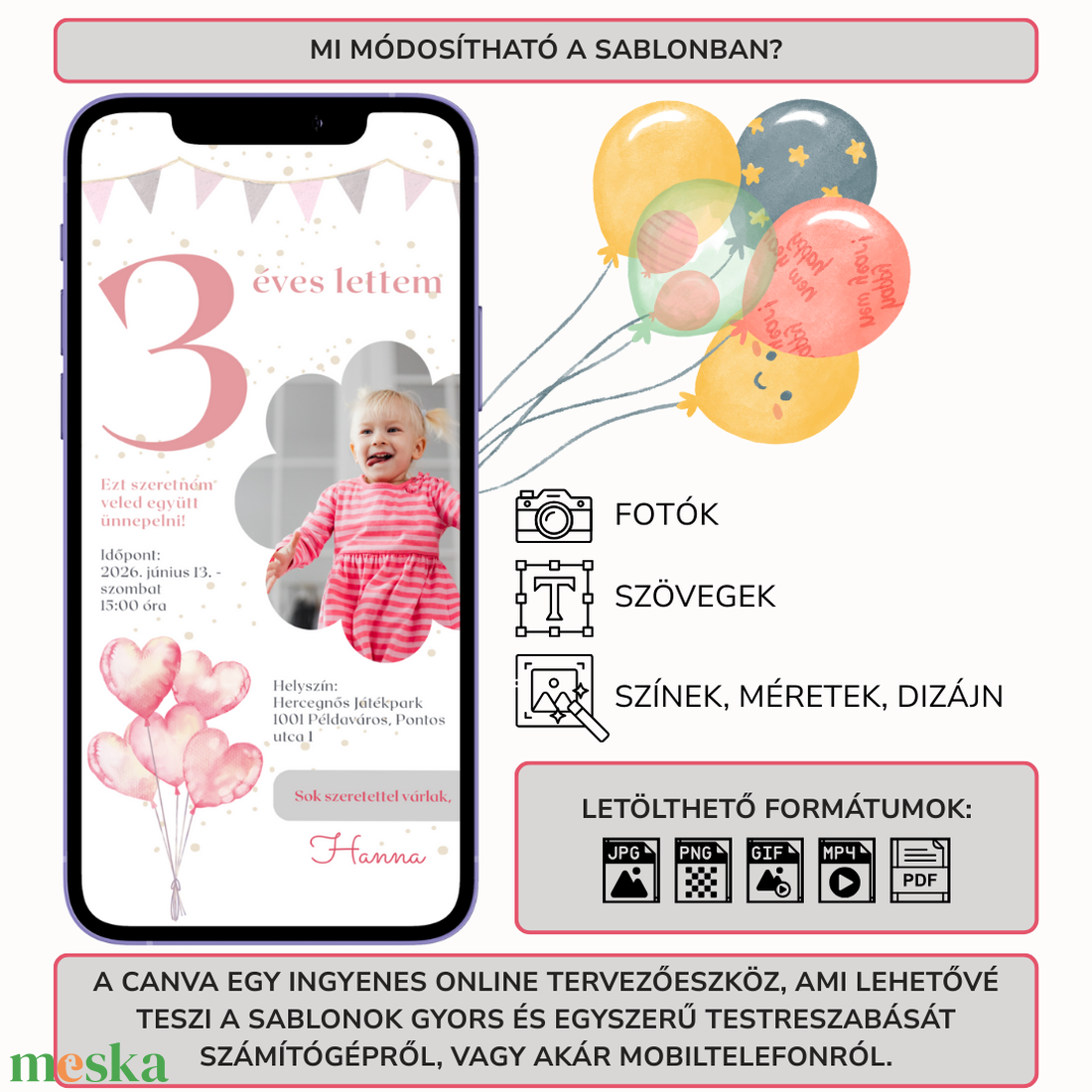 Digitális születésnapi meghívó Canva sablon - Pink hercegnő - Szerkeszthető - Online küldhető - Nyomtatható - művészet - grafika & illusztráció - digitális - Meska.hu