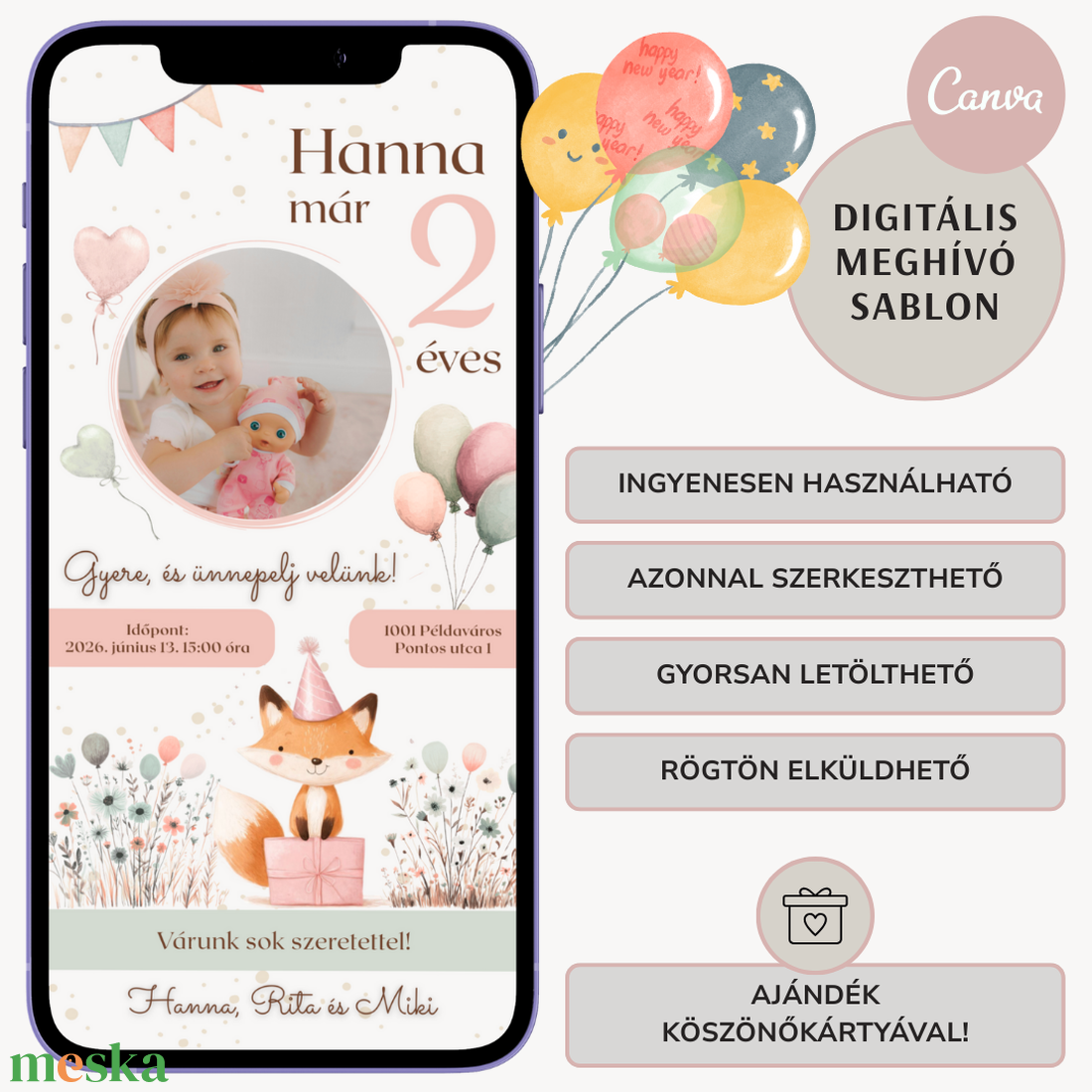 Digitális születésnapi meghívó Canva sablon - Róka móka - Szerkeszthető - Online küldhető - Nyomtatható, Rókás - művészet - grafika & illusztráció - digitális - Meska.hu