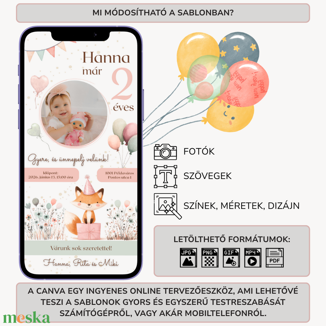 Digitális születésnapi meghívó Canva sablon - Róka móka - Szerkeszthető - Online küldhető - Nyomtatható, Rókás - művészet - grafika & illusztráció - digitális - Meska.hu