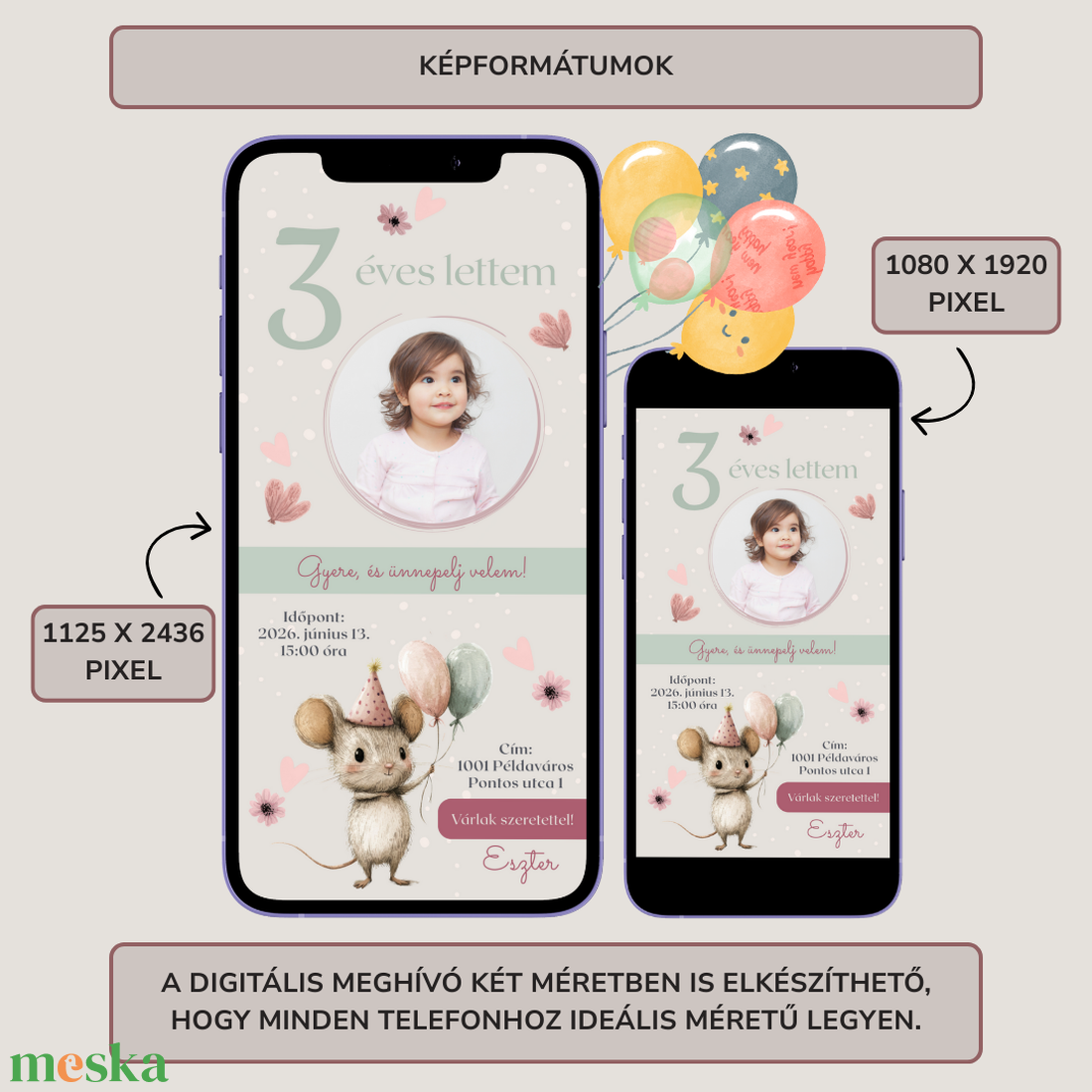 Digitális születésnapi meghívó Canva sablon - Vidám egérke - Szerkeszthető - Online küldhető - Nyomtatható, Rókás - művészet - grafika & illusztráció - digitális - Meska.hu