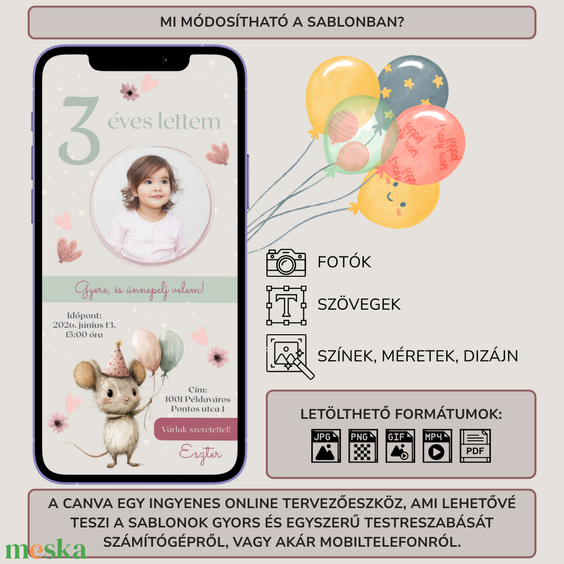 Digitális születésnapi meghívó Canva sablon - Vidám egérke - Szerkeszthető - Online küldhető - Nyomtatható, Rókás - művészet - grafika & illusztráció - digitális - Meska.hu