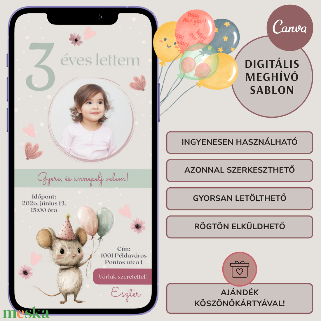 Digitális születésnapi meghívó Canva sablon - Vidám egérke - Szerkeszthető - Online küldhető - Nyomtatható, Rókás - művészet - grafika & illusztráció - digitális - Meska.hu