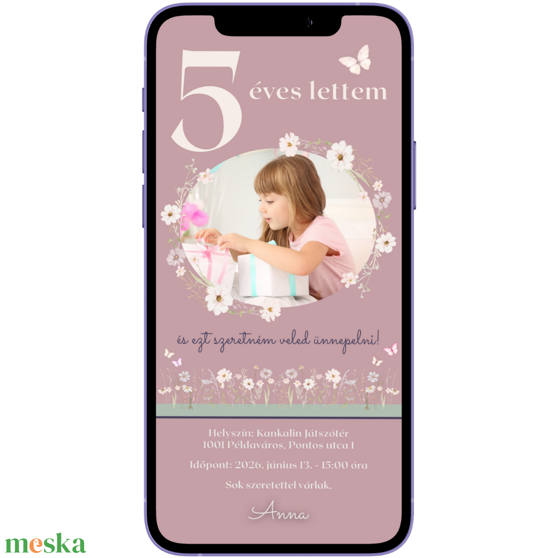 Digitális születésnapi meghívó Canva sablon - Virágos kert - Szerkeszthető - Online küldhető - Nyomtatható, Rókás - művészet - grafika & illusztráció - digitális - Meska.hu