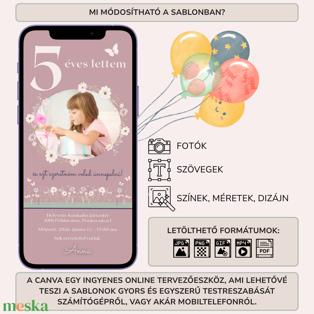 Digitális születésnapi meghívó Canva sablon - Virágos kert - Szerkeszthető - Online küldhető - Nyomtatható, Rókás - művészet - grafika & illusztráció - digitális - Meska.hu