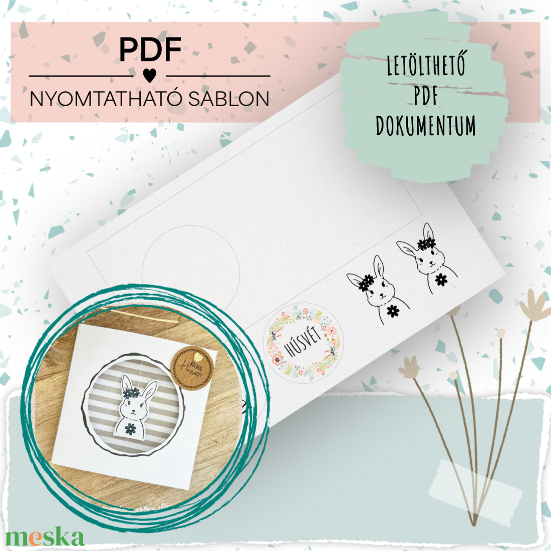 Pörgős húsvéti képeslap PDF sablon � nyomtatható, csináld magad kreatív ajándékkísérő � kreatív DIY papírkártya, nyuszis - művészet - grafika & illusztráció - digitális - Meska.hu