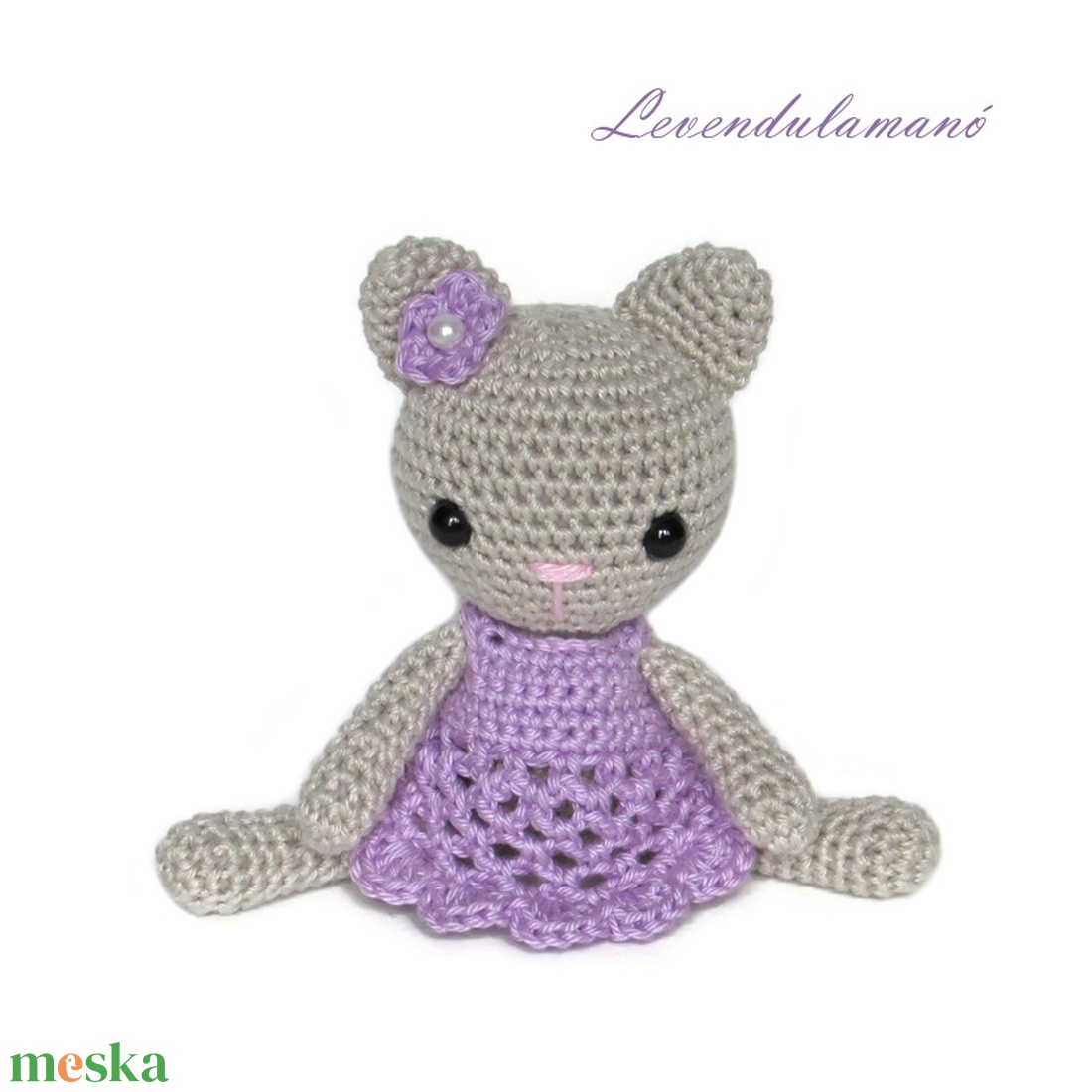 Horgolt szürke cica lila ruhában amigurumi - játék & sport - plüssállat & játékfigura - cica - Meska.hu