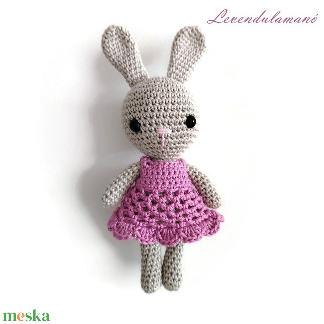 Horgolt szürke nyuszilány mályva színű ruhában amigurumi - játék & sport - plüssállat & játékfigura - nyuszi - Meska.hu