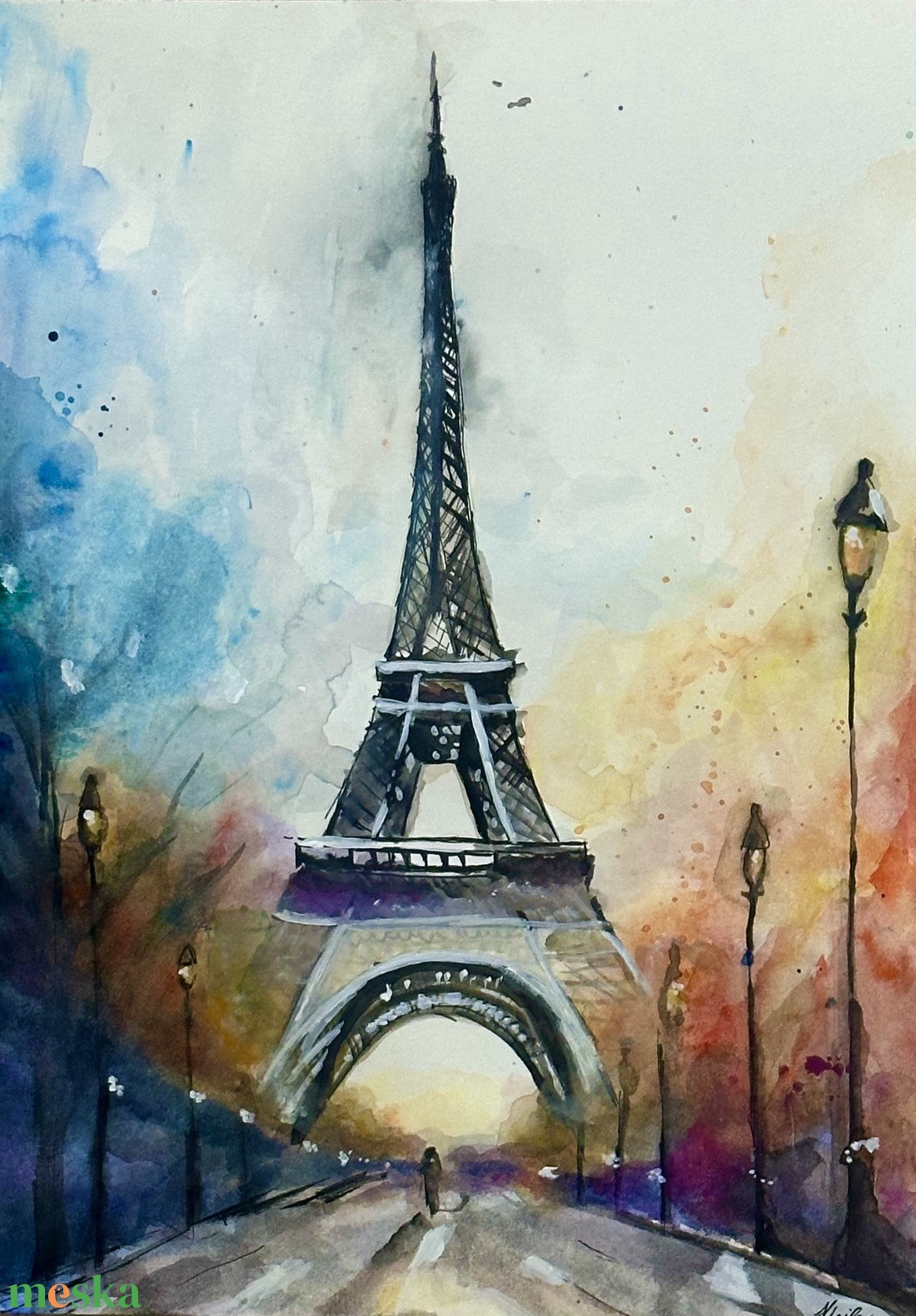 Eiffel-torony ködös esti fényekben - művészet - festmény - akvarell - Meska.hu