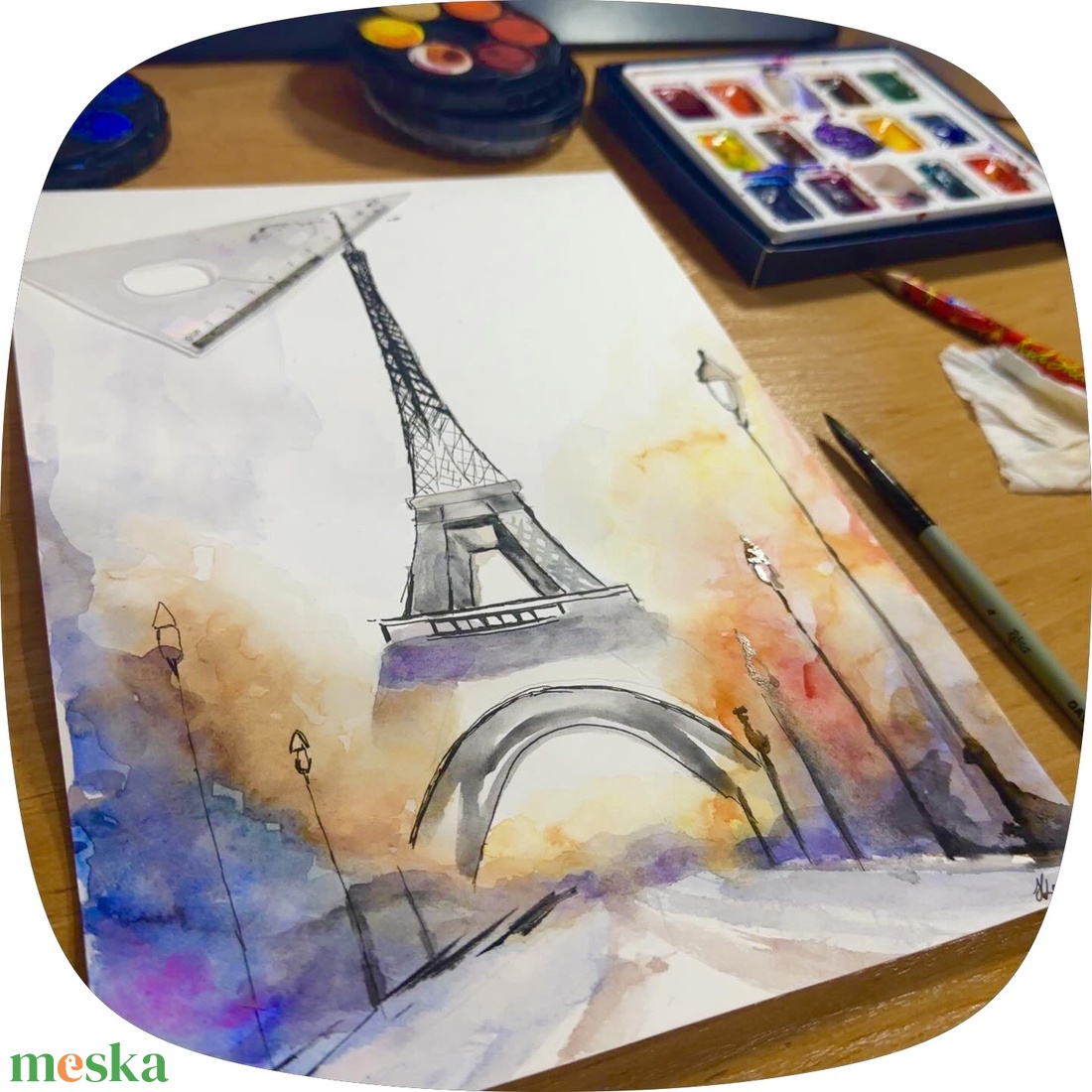 Eiffel-torony ködös esti fényekben - művészet - festmény - akvarell - Meska.hu