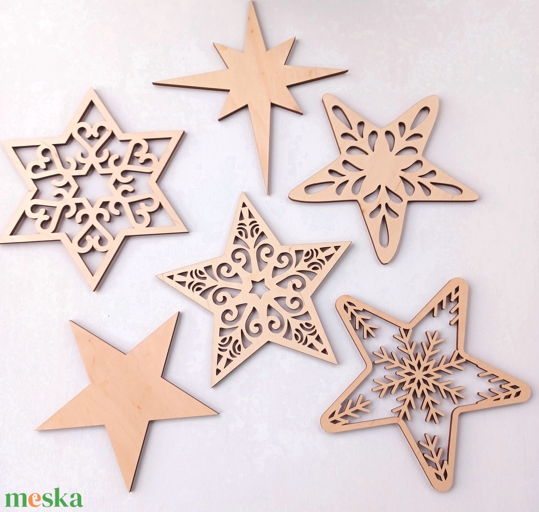 Ünnepi csillag szett  6 darab lézervágott, díszes fa dekoráció (15 cm) - karácsony - karácsonyi lakásdekoráció - karácsonyi manók, figurák - Meska.hu