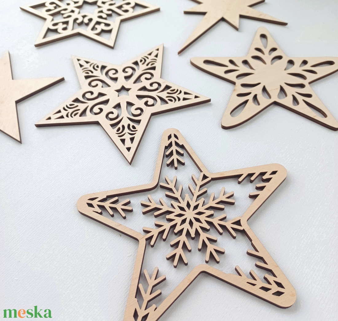 Ünnepi csillag szett  6 darab lézervágott, díszes fa dekoráció (15 cm) - karácsony - karácsonyi lakásdekoráció - karácsonyi manók, figurák - Meska.hu
