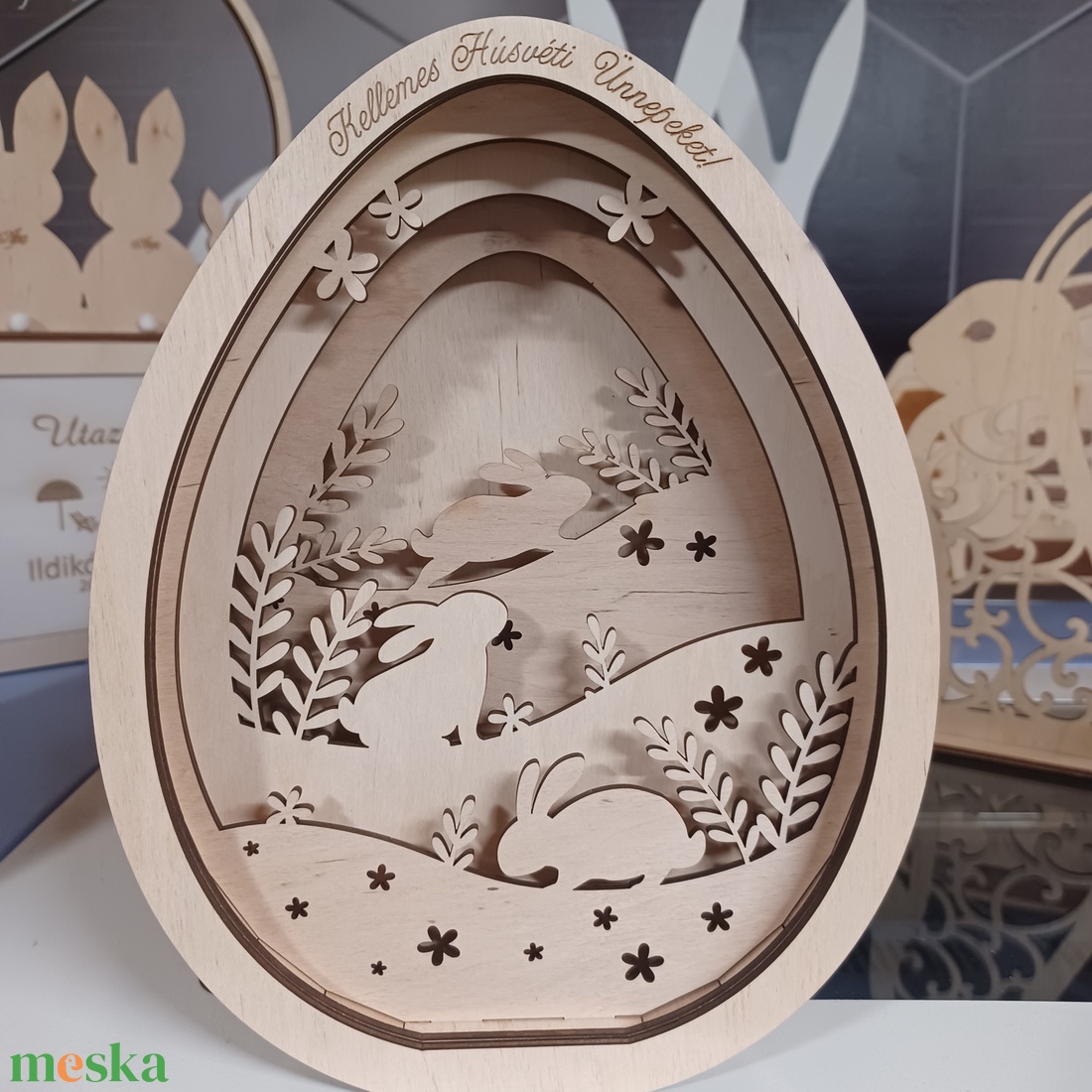 Húsvéti Nyuszis Többrétegű Fa Dekoráció - ünnepi díszek, dekorációk - húsvéti díszek és dekorációk - húsvéti abrosz, terítő - Meska.hu