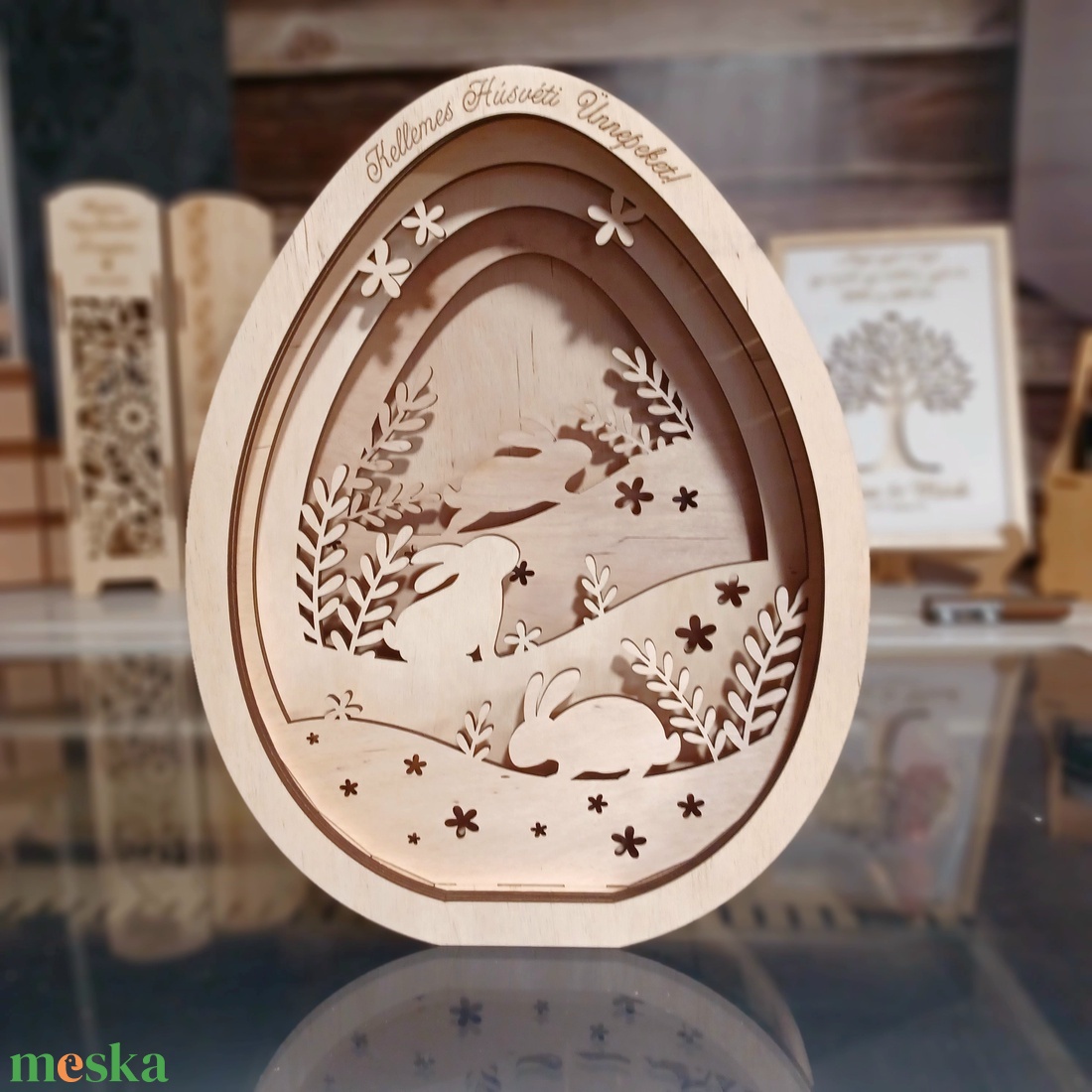 Húsvéti Nyuszis Többrétegű Fa Dekoráció - ünnepi díszek, dekorációk - húsvéti díszek és dekorációk - húsvéti abrosz, terítő - Meska.hu