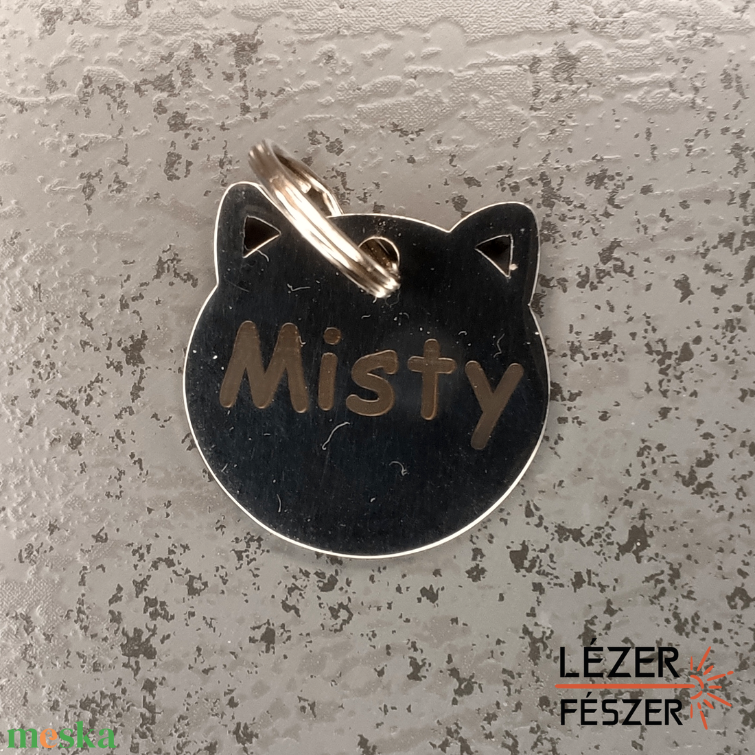 Gravírozott rozsdamentes acél kisállat biléta � cicafej forma - otthon & életmód - kisállatoknak - macska nyakörv és biléta - Meska.hu