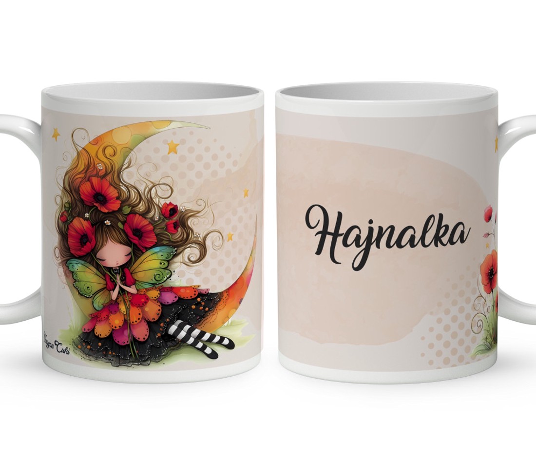 Névvel kérhető - Ölelő pipacs tündérlány és a hold mintás bögre - otthon & életmód - konyhafelszerelés, tálalás - tálalás - bögre & csésze - Meska.hu