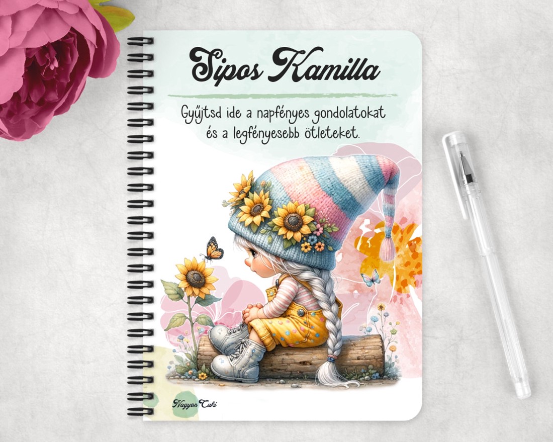 Személyre szabható - Pillangós napraforgós manó lány mintás A6-os füzet - otthon & életmód - papír, írószer - jegyzetfüzet & napló - Meska.hu