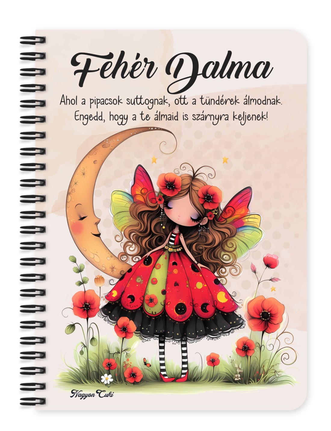 Személyre szabható - Cuki pipacs tündérlány és a hold mintás A5-ös füzet - otthon & életmód - papír, írószer - jegyzetfüzet & napló - Meska.hu